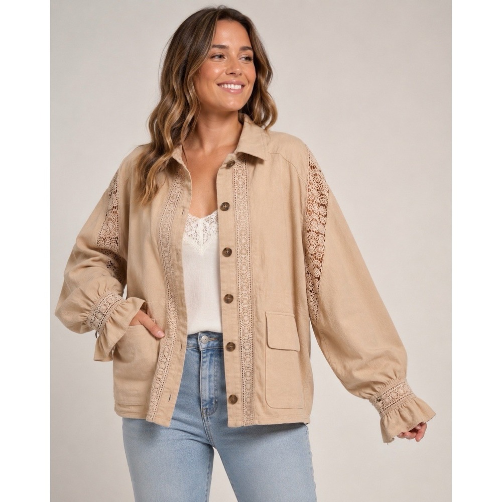 Boho Lace Crochet Trim Oversized Shacket Jacket Beige Cottagecore Medium